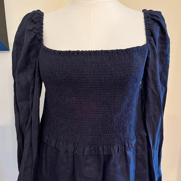 Quince Navy 100% European Linen Smocked Dress - Picture 6 of 7